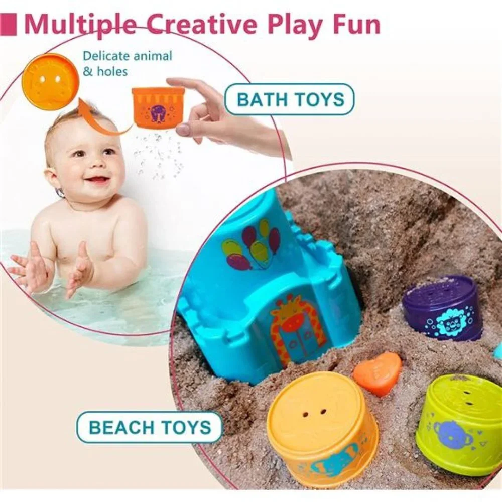 Stackable Blocks Learning Toy with Rattle & Free Frog Bath Toy for Kids